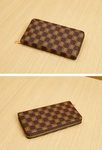 Luxury brown checkered monogram long wallet with zipper closure, classic chic design for women.