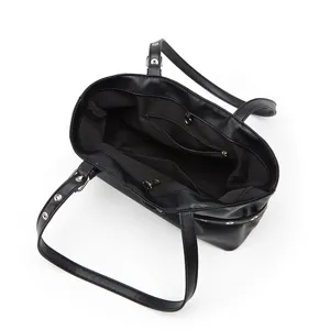 Stylish black PU leather large capacity tote shoulder bag, versatile retro daily handbag.