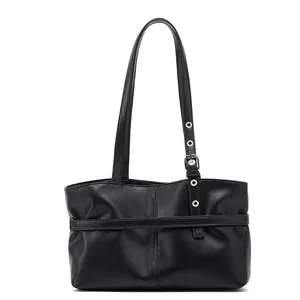 Black leather shoulder bag for women, stylish tote bag with metal buckle and strap details.