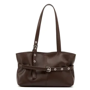 Dark brown PU leather tote bag vintage shoulder bag retro motorcycle underarm bag for women