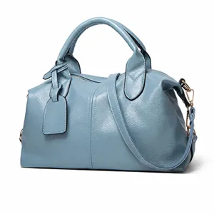 Blue leather Boston handbag for women, stylish large capacity shoulder crossbody bag.