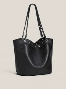 Women Large Capacity Bucket Bag PU Leather Litchi Pattern Rivet Shoulder Bag Fashion Casual Handbag Daily Commute Tote