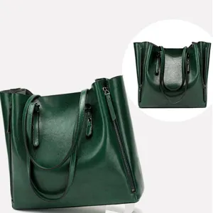 Dark green oil leather tote bag, large capacity fashion shoulder bag for women daily use.