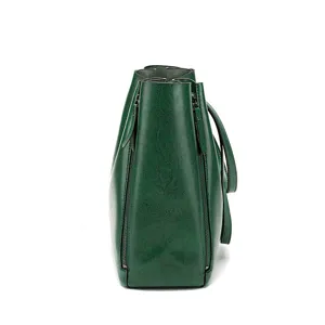Stylish dark green oil leather large capacity bucket bag with side zippers for women.