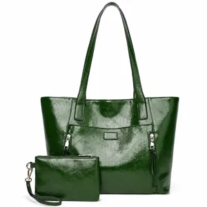 Green PU leather tote bag and clutch set large capacity casual shoulder bag main view