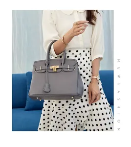Classic grey leather women handbag with metal lock top handle fashion shoulder bag