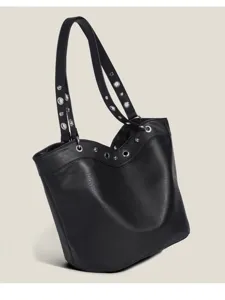 Black faux leather bucket bag with metal grommets and rivets, stylish casual shoulder handbag.