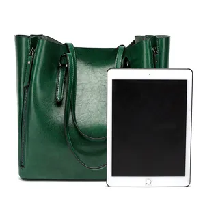 Dark green oil leather tote bag large capacity shoulder handbag for women daily commuting style