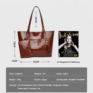Vintage PU leather tote bag with matching pouch, large capacity daily shoulder bag for women.