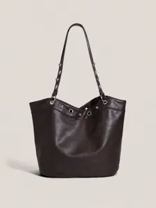 Classic litchi grain rivet shoulder bag minimalist large capacity bucket bag brown