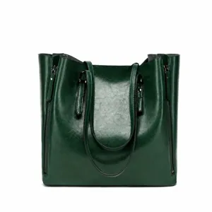 Green oil leather large capacity tote bucket bag with side zippers for women daily commute.