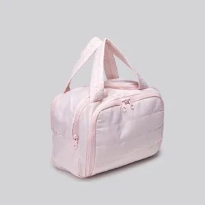 Pink Quilted Cosmetic Bag Waterproof Travel Toiletry Pouch Portable Handbag for Women