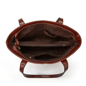 Classic brown large capacity tote bag with multiple interior compartments for women.