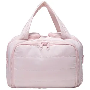 Pink quilted travel cosmetic bag waterproof lightweight portable handbag for women daily storage
