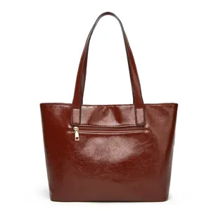 Vintage brown patent leather tote bag for women, large capacity shoulder bag for daily work.