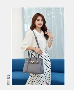 Elegant grey litchi grain leather handbag for women classic lock shoulder messenger bag
