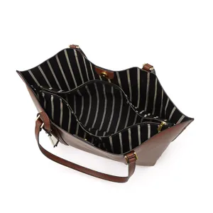 Large capacity brown tote bag with black and white striped lining, stylish commuting handbag.