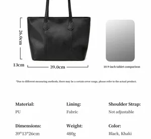 Vista detallada de las dimensiones del bolso tote de cuero PU negro, medidas y capacidad.