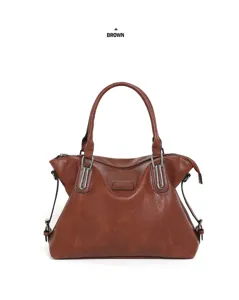 Brown PU leather tote bag with metal hardware details and spacious interior capacity.