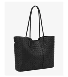 Black woven leather tote bag with large capacity stylish casual shoulder bag for women