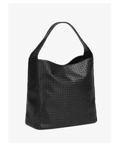 Close-up detail of black woven leather hobo shoulder bag showing intricate craft pattern.
