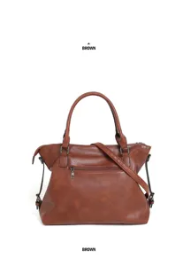 Brown vintage tote bag detail, PU leather handbag with shoulder strap and pocket.