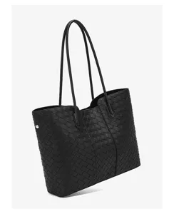 Black woven leather tote bag large capacity stylish shoulder handbag for women daily use