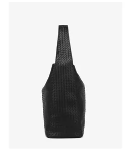Black woven leather shoulder bag, stylish hobo handbag for women, casual daily commute.