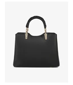 Classic black leather handbag with woven handle and gold hardware for women, stylish tote.