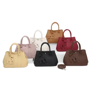 Fashion PU leather tote shoulder bag with cute elephant charm, multi-color casual handbag.