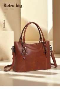 Retro brown leather tote bag, large capacity commute shoulder handbag for women daily wear.