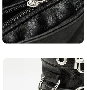 Black leather handbag detail close up showing durable metal zipper and high quality hardware.