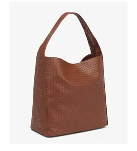 Brown woven leather hobo shoulder bag, casual large capacity daily commuter tote for women.