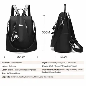 Detailed view of the multi-functional oxford cloth backpack showing dimensions and capacity.