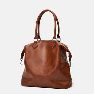 Brown retro tote bag for women, large capacity leather shoulder bag with top handles.