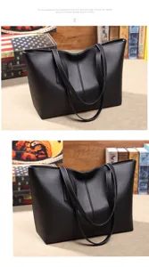 Black PU leather tote bag detail shot showing smooth texture, dual straps, and daily commuter style.
