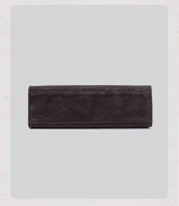 Detail shot of dark brown suede handbag bottom panel, premium texture and neat stitching design.