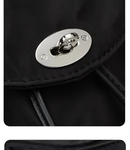 Detailed close-up view of the black oxford cloth backpack featuring stylish metallic turn-lock hardware.
