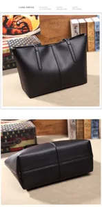 Classic black PU leather tote bag for women, large capacity minimalist shoulder bag daily use.