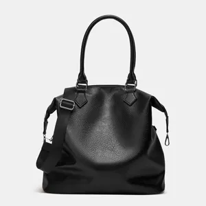 Black leather tote bag for women, large capacity shoulder bag, vintage messenger bag.