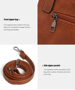 Detailed view of the brown tote bag featuring durable zipper pockets and adjustable straps.