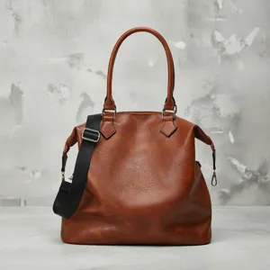 Women brown large capacity tote bag vintage shoulder crossbody bag with wide black strap main