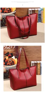 Classic red PU leather tote bag, large capacity shoulder bag with double handles for women.