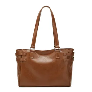 Brown large capacity PU leather tote handbag for women commuting casual shoulder bag main view