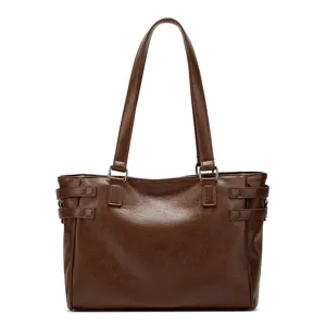 Brown Leather Tote Bag Large Capacity Commuter Handbag for Women Casual Shoulder Bag