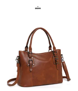 Brown retro women handbag detail view, large capacity tote bag with shoulder strap & buckles.