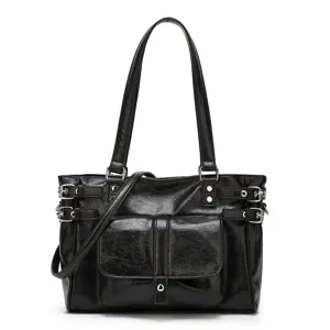 Classic black PU leather tote bag for women, versatile shoulder crossbody handbag with stylish buckles.