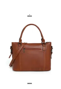 Detail view of the brown vintage leather crossbody shoulder bag zipper pocket design.