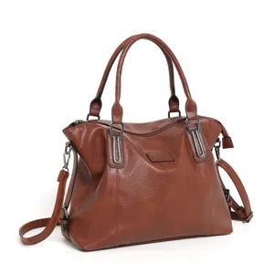 Classic brown PU leather tote bag for women, large capacity shoulder handbag for commuting.