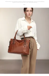 Vintage brown leather tote bag for women, large capacity shoulder bag for daily work commute.